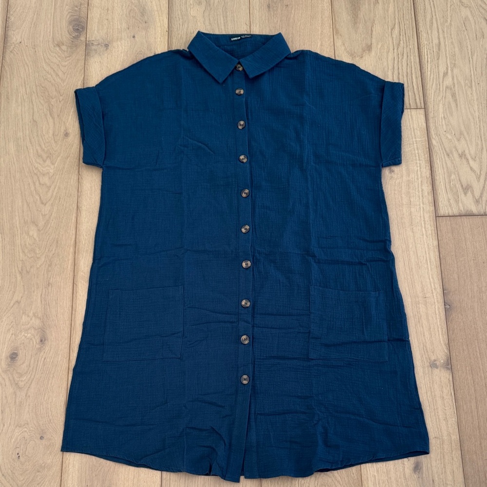 Navy Blue Button-Up Shirt Dress